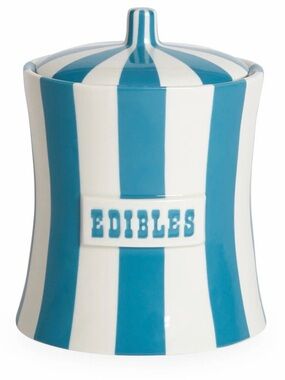 Jonathan Adler Blue and White Striped Ceramic Edibles Canister